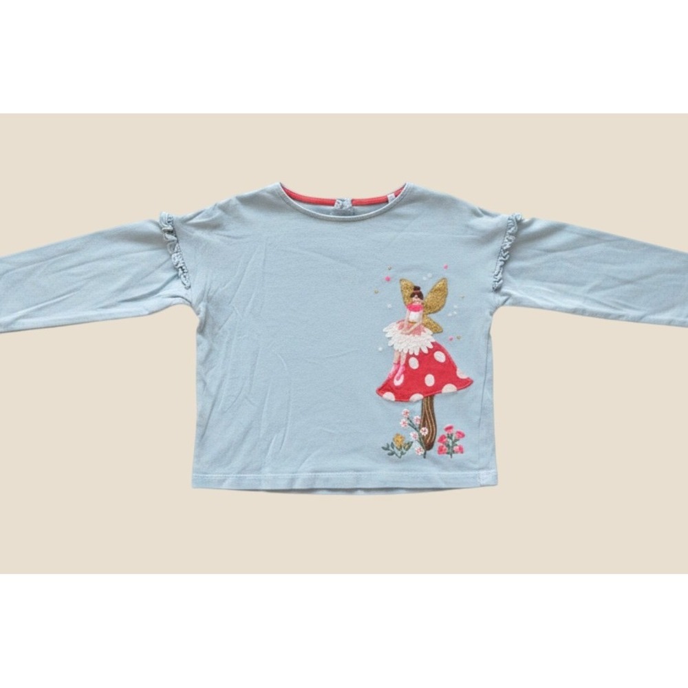 Mini Boden Girls Blue Fairy Mushroom Embroidered Long Sleeve Top 3-4Y 104cm